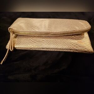 Gold Embossed Snake-Pattern Fold-Over Clutch